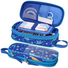 BrainyBees Pencil Case for Boys - Expandable Big Capacity Pencil Cases for Kids Special Pencil Pouch for Boys Sparkly Kids Pencil Bag for School (Blue, Star Dinosaur)