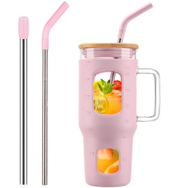 WINSA Glass Tumbler with Straw and Lid, 32 oz Glass Cup with Handle, Glass Water Bottles with Time Marker, 2 Straws - Pearl Straw & Drinking Straw Silicone Protective Sleeve-Pink