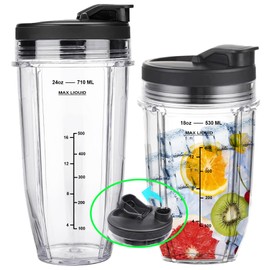 Blender Cups Replacement for Ninja, 24oz & 18oz Smoothie Blender Cups with Lids Compatible with Ninja Auto-iQ Blender BN750UK BN495UK TB301UK TB401UK Food Processor BN800UK CB100UK CB350UK, 2 Pack