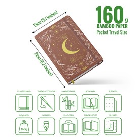 BUKE A5 Dotted Journal – 160gsm Ultra Bamboo Paper, Moon & Star Foil Cover, Flat Lay Notebook with Gift Box – 160 Pages, 5mm Dot Grid, Faux Leather Hardcover (Brown)