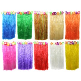 LONG HAWAIIAN HULA SKIRT 80CM WITH FLOWERS LUAU FANCY DRESS BEACH PARTY COSTUME - 10 COLOURS AVAILABLE (PINK)