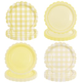 48 Pcs Sage Green Gingham Paper Dessert Plates 7 Inch Disposable Checkered Plaid Plates for Birthday Baby Shower Wedding Camping Themed Party Supplies, 4 Styles (Yellow, 7inch)
