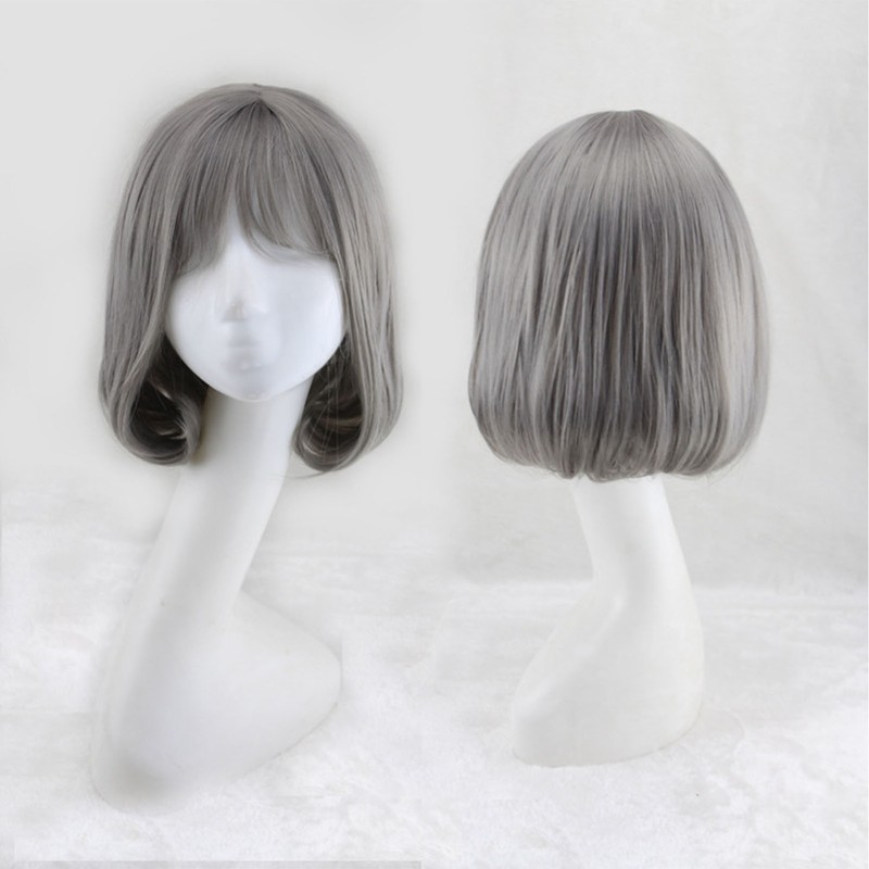 Bob Short Hair Wig Heat Resistant Synthetic Gray Breathable Fluffy