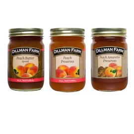 Dillman Farm Peach Lovers Trio (3 pack)| Peach Butter, Peach Preserves, Peach Amaretto- All Natural, Gluten-Free, Non-GMO, Vegan, Kosher, Eco-Friendly, Preservative Free, Corn Syrup Free - Made in USA, 16 oz 3 Pack (3, Peach Butter, Peach Preserves, Peach Amaretto Preserves)