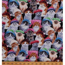 Cotton Cats Kittens Animals Hats Winter Multicolor Cotton Fabric Print by The Yard (D382.46)