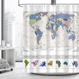 iTapnoom World Map Shower Curtain, Detailed Major Countries and Cities Travel Geography Educational Bathroom Curtain for Students, 72x72 in Polyester Fabric Waterproof Bath Curtain with 12 Hooks