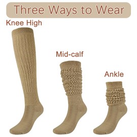 Slouch Socks Girls Cushioned Chunky Stacked Boot Socks Soft Knit Warm Long Knee High Socks Scrunch 10-14 Years Kids Youth 3 Pairs (Black+Khaki+White, L)