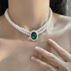 Prosy Layered Pearl Choker Necklace Earrings Set Green Crystal Adjustable