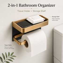 Aluminum Toilet Paper Holder with Shelf – No-Drill Black Gold Wall Mount for Bathroom & Kitchen Storage