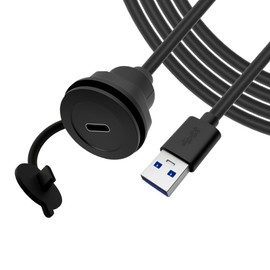 QINJOOELC USB A 3.0 to USB C Panel Mount Extension Cable USB3.0 Male to Type C Female Threaded Fixed Mount Cable Embedded Waterproof Round Converter, 5V/2A 5Gbps, Black (2M/6.6Ft)