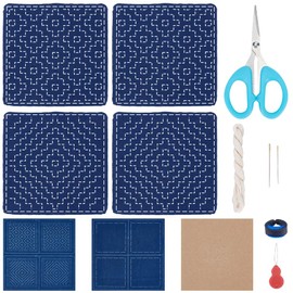 FREEBLOSS 4 Set Sashiko Coasters DIY Kit with Instructions Pre-Printed Fabric Sashiko Kit Embroidery Practice Project Japannese Traditional Embroidery with Cloth/Needles/Thimbles/Threads/Tools