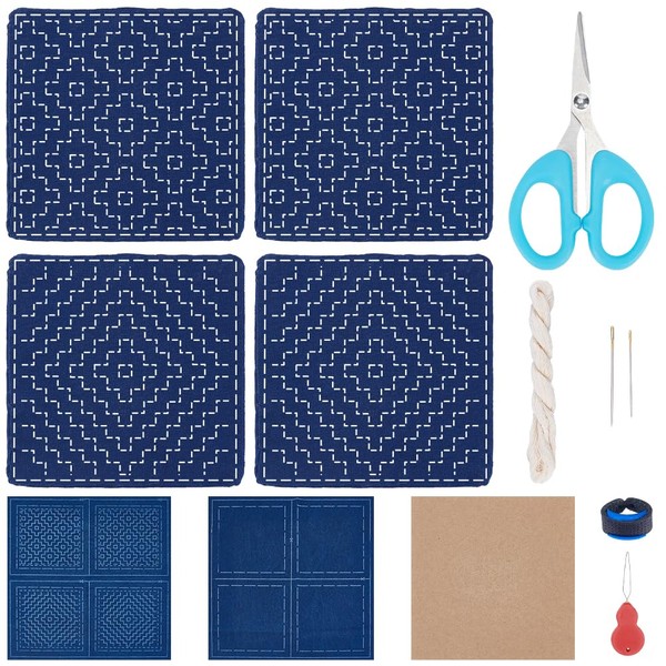 FREEBLOSS 4 Set Sashiko Coasters DIY Kit with Instructions Pre-Printed