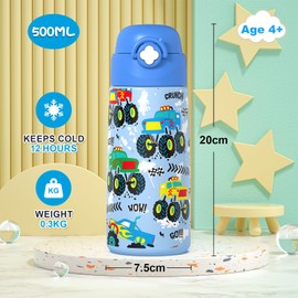 Monster Truck Boys Insulated Water Bottle with Covered Pop-Up Straw,500 Ml Kids Cups with Stainless Steel Leak Proof for School