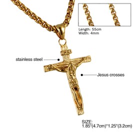 Cupimatch Mens Stainless Steel Jesus Christ Crucified Cross Pendant Necklace Chain Golden