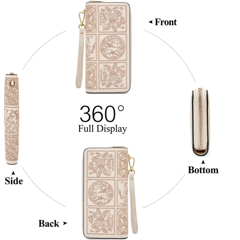 FOXLOVER Leather Wallets for Women RFID Blocking Zipper Wristlet Clutch