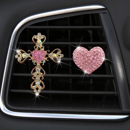 2 Pack Car Vent Clip Bling Car Accessories,Crystal Cross and Heart Car Vent Clip Air Freshener,Car Diffuser Vent Clip Diamond Car Decoration Car Essentials for Women(Pink)