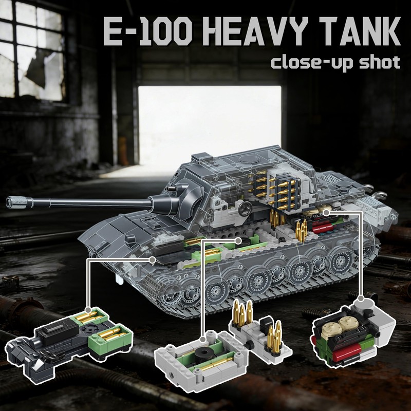 honchoes WW2 E-100 Heavy Tank Building Sets, Army Military Vehicles