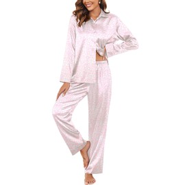 Ekouaer Pajamas for Women Button Down Pj Sets Satin Long Pants Sleepwear Soft Loungewear Leopard Print Pink L