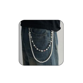 Hip Hop Double Layer Pearl Flower Pants Chain for Men Women Wallet Chain Layered Pocket Chains Exquisite CZ Waist Chain for Men Street Jeans Jewelry Accessories (Silver)