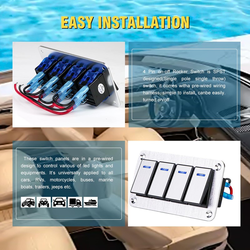 GGTA 4 Gang Marine Boat Rocker Switch Panel Waterproof,12-24V Pre-Wired