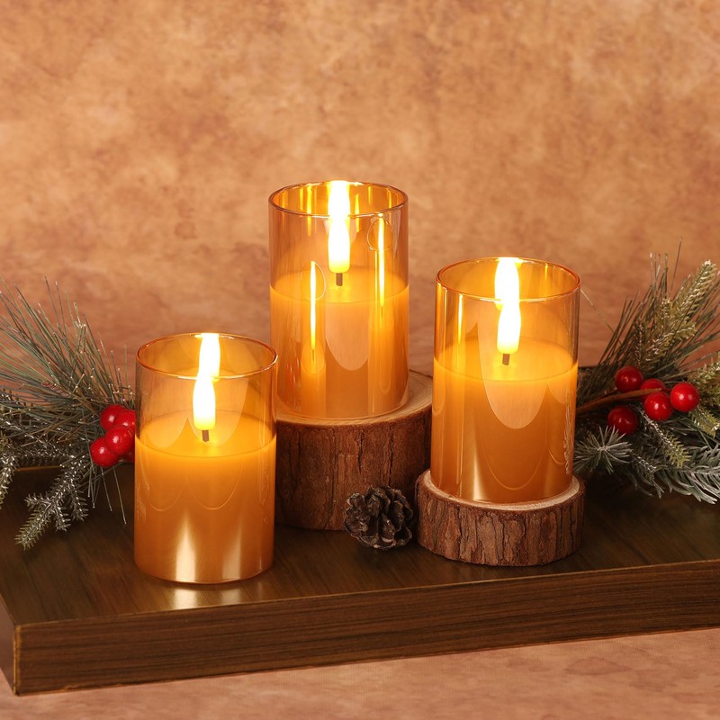 Girimax Gold Glass Flameless Votive Candles with Remote Timer, Real