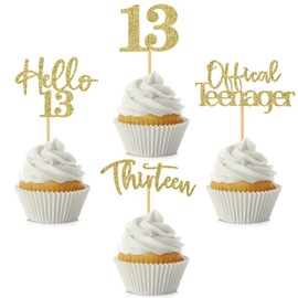 48 piezas de adornos para cupcakes de 13 cumpleaños con purpurina Hello 13 cupcakes, 13 oficiales para adolescentes y trece púas de magdalenas para feliz cumpleaños 13, boda, aniversario, fiesta, decoración de pasteles, color dorado