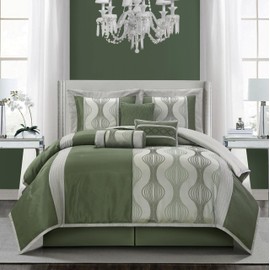 Stratford Park 7 Piece Green Comforter Set, California King Size Jacquard Bedding Set, All Season Geometric Patchwork Bedding Set, Matching Pillows, Shams, Bed Skirt
