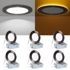 Wembanma Recessed Ceiling Lighting 4 Inch - with Night Light, 750LM Dimmable Downlight, 9W 5CCT 2700K-6000K & 3W 1800K-3000K, Canless Wafer Downlight Ultra Thin, 4inch 6P Brushed Nickel