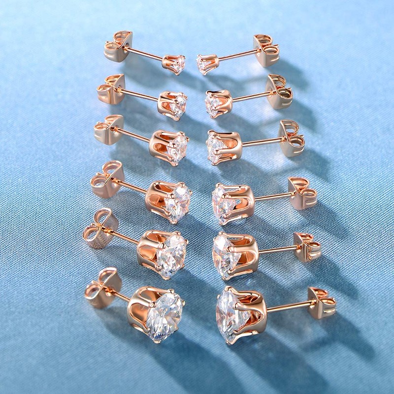 6 Pairs Rose Gold Plated Stud Earrings Set,Hypoallergenic Cubic Zirconia
