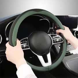 Car Steering Wheel Cover, Universal 15 inch, The Latest Microfiber Leather Breathable Technology Fabric, Non-Slip, Comfortable, Warm in Winter and Cool in Summer (Green)
