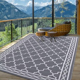 GAOMON Outdoor Rug for Patios 6x9 Reversible Patio Rug Plastic Straw Rug Waterproof Lightweight Rug for Backyard, Picnic, Beach, Camping, Grey/White