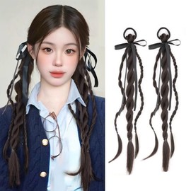 Natunofu Hair Extension, Braid Wig, Baby Hair Extension, Ponytail Wig, Easy to Install, Twin Tails, Set of 2 with Ribbon, Hair Accessories, Hair Extensions, Adults, Children, Dance, Performance, Daily