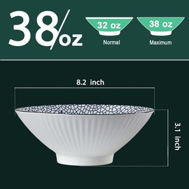 QINLANG 38 oz Japanese Ramen Bowls, Cereal Bowls, Soup Bowls, Pho Bowls, Noodle Bowls, 8 in Blue and White Ceramic Bowls Set of 4, Leaf Pattern