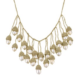 Handmade Dangling Cultured Freshwater White Pearl on Woven Silk Thread Bib Necklace