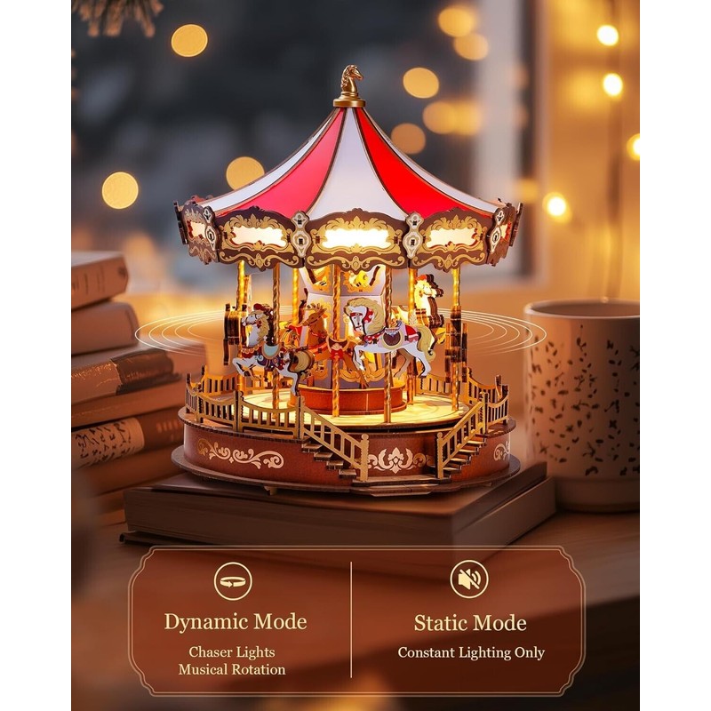 Rolife Wooden 3D Puzzles DIY Carousel Music Box with Lights