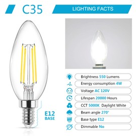 Ascher E12 Candelabra LED Light Bulbs 60 Watt Equivalent, Daylight White 5000K, Non-Dimmable, 550 Lumen, Clear LED Filament Candle Bulbs, Pack of 10