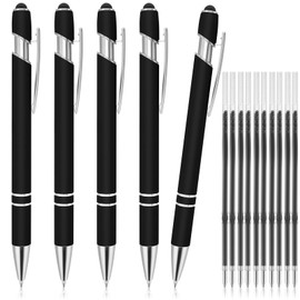 TIESOME Pack of 5 Ballpoint Pens with Stylus Tip, Retractable 2 in 1 Stylus Pens Stylish Pen with 10 Refills, Metal Stylus Pen for Touch Screens, 1.0mm Black Ink Ballpoint Pen (Black)
