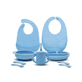 Sillio Suction Plate and Bowl for Baby and Toddlers Set, BPA-Free Food-Safe Silicone, Blue - with Training Sippy Cup, Two Bibs, Two Spoons and Forks (9pcs)