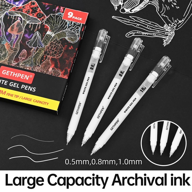 White Gel Pens, 05/08/10mm Assorted Tip Opaque Archival Ink Pen