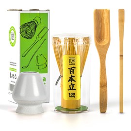 TEANAGOO - Juego de batidor de matcha de bambú (Chasen), 4 piezas de juego tradicional de matcha de inicio, cuchara (Chashaku), soporte para batidor  