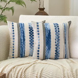 Aeckself Boho Throw Pillow Covers 18x18 Inch Set of 2, Farmhouse Decorative Striped Square Pillow Covers Chenille Tufted Pillow Cases Accent Neutral Pillowcase for Living Room Couch Bed, Sky Blue