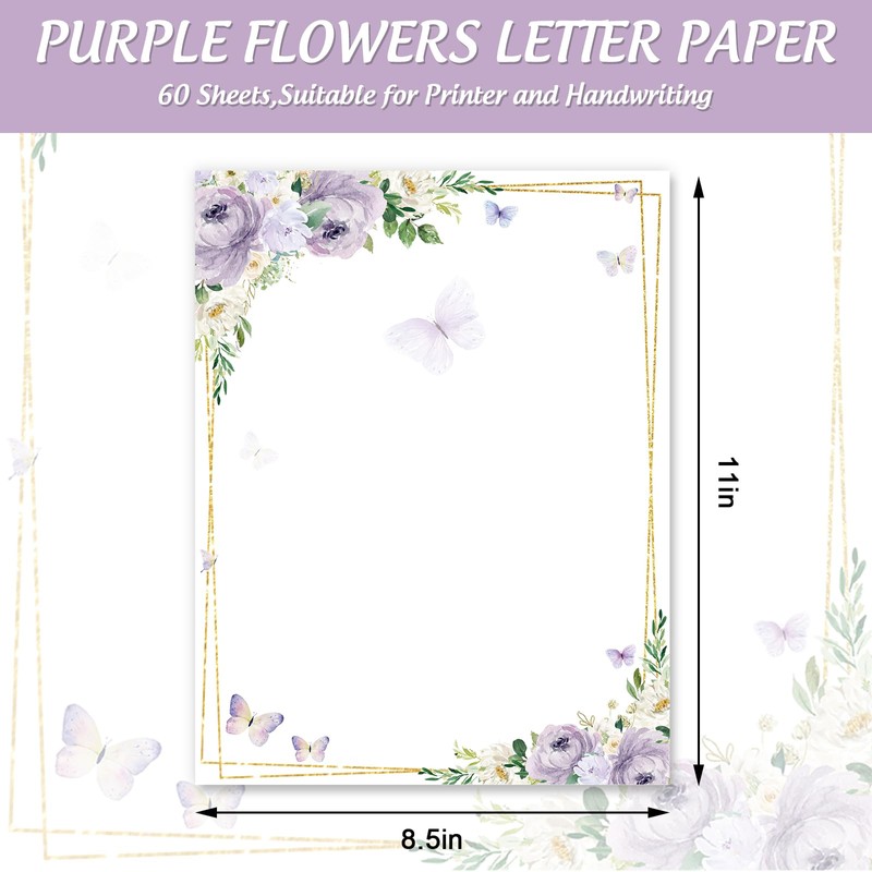 FYSUIMU 60 Sheets Floral Butterfly Stationery Letterhead Paper Watercolor Lavender