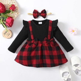 HIGHUZZA 0-3 Month Baby Girl Clothes Newborn Dress Infant Romper Fall Outfits Winter Jumpsuit Girl's Clothing Overall Plaid Stripes Girl Skirt Set with Headband Black