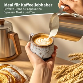 Set of 4 Espresso Cups, 190 ml Cappuccino Cups with Wooden Saucers, Coffee Cups with Saucers Set, Stoneware Cups for Coffee, Americano, Latte, Cafe, Mocha and Tea (4, Beige)