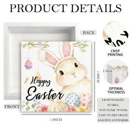 HYKDFMNCJ Happy Easter Bunny Wooden Box Sign Desk Decor, Easter Rabbit Decor, Spring Floral Egg Bunny Wood Signs for Bedroom Home Office Desk Table Shelf Decorations, 5x5 Inch