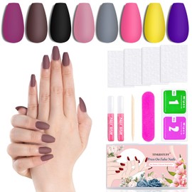 8 Solid Color Matte Short Coffin Press On Nails Pack #5, 192PCS Acrylic Medium Length Ballerina False Nail Art Tips Set for Women with Glue, Adhesive Tabs, File, Cuticle Stick and Prep Pads