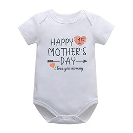 Happy 1st Mother’s Day Romper Bodysuit Newborn Infant Baby I Love You Mommy One-piece Jumpsuit Outfit Clothes (9-12 Months, White)