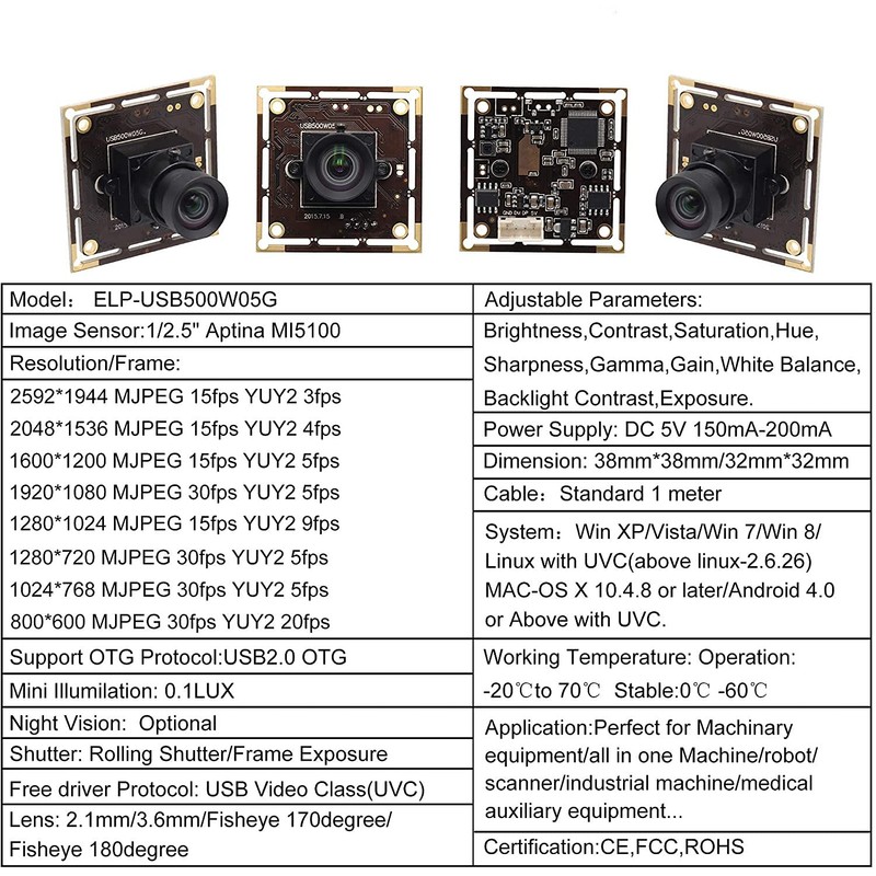 ELP 5 Megapixel Industrial USB Camera Module Aptina MI5100 CMOS
