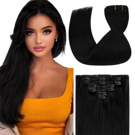 Sunny Hair Clip in Hair Extensions Remy Human Hair Extensions for Women Real Hair Clip in Extensions Double Weft Jet Black (12 inch-5pcs/80g, 14-24 inch-7pcs/120g)