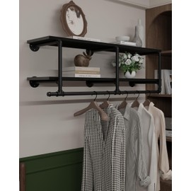 TEDIDUWA Wall Mounted Clothes Rack 12 Inch Deep, 48 Inch Heavy Duty Garment Rack with Real Black Wood Shelf, Multi-Purpose Hanging Rod & Space-Saving Closet Storage Organizer